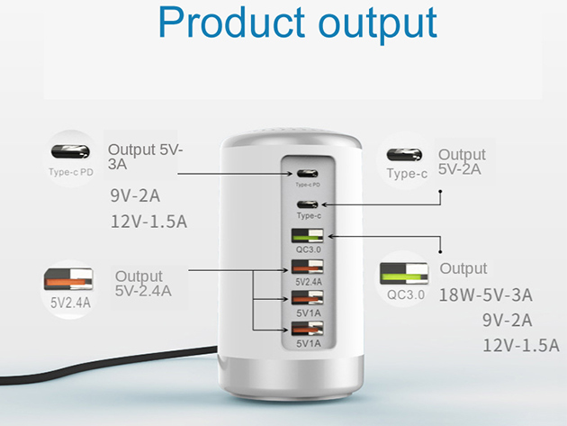 6-Port USB Fast Charge Tower (White)