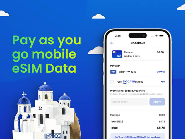 aloSIM Traveler's Lifetime eSIM Plus Mobile Data Plan: Pay $24.99 for $50 Credit