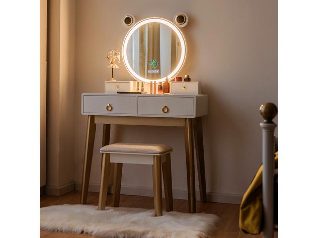 Costway Vanity Dressing Table Set Touch Screen Dimming Mirror - White & Gold