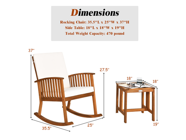 Costway 2 Piece Acacia Wood Patio Rocking Chair Set Cushioned Coffee Table - Teak