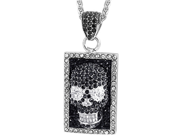 David Sigal Skull Necklace Pendant with Synthetic Black and White Crystals in Stainless Steel