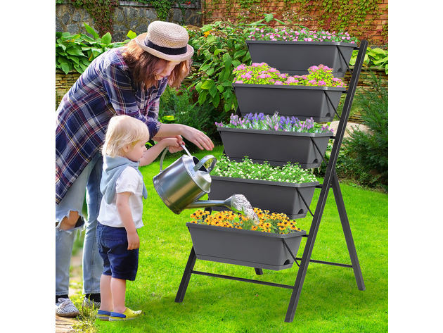 Costway Set of 2 4 FT Vertical Raised Garden Bed 5-Tier Planter Box for Patio Balcony Gray