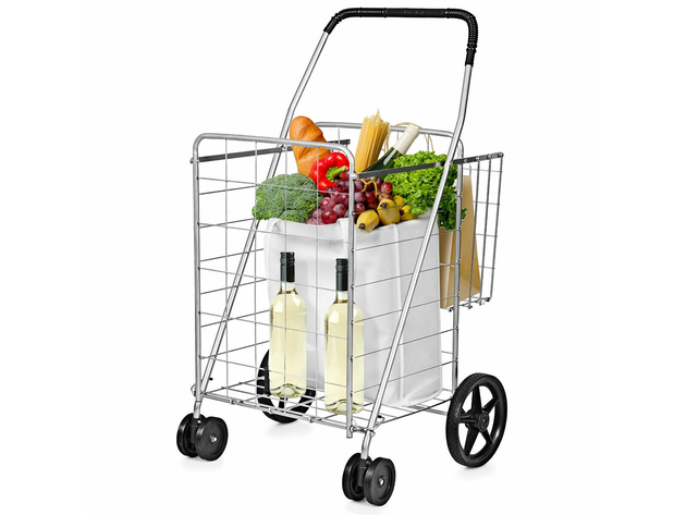 Costway Utility Shopping Cart Foldable Jumbo Basket Outdoor Grocery Laundry Silver