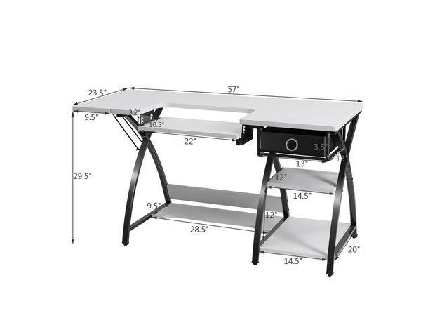 Costway Sewing Craft Table Folding Computer Desk Adjustable Platform w/ Drawer & Shleves - White