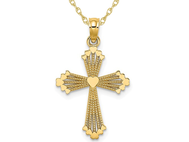 14K Yellow Gold Cross Pendant Necklace with Chain and Heart Center