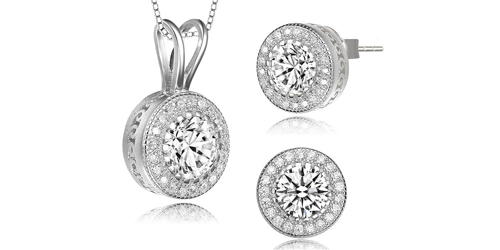 Genevive Silver CZ Necklace & Halo Stud Set