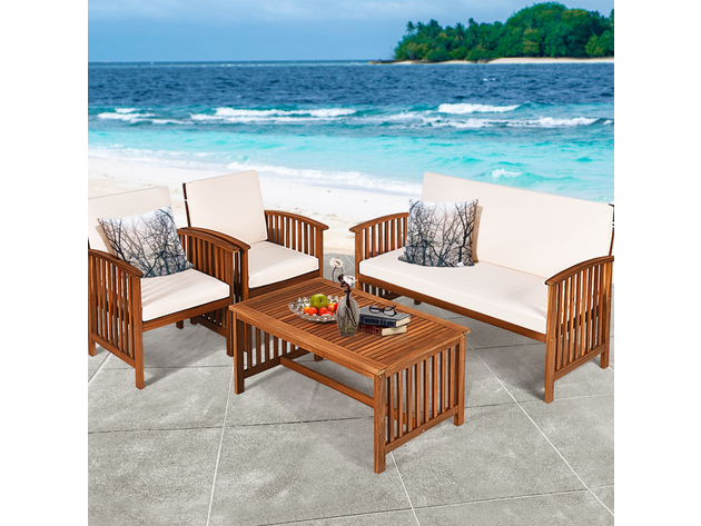 Costway 4 Piece Patio Solid Wood Furniture Set Conversation Coffee Table W/White Cushion 