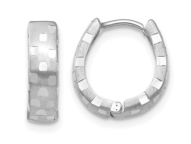 14K White Gold Diamond Cut 4mm Patterned Hinged Huggie Hoop Earrings for $149