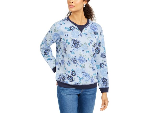 Karen Scott Women's Floral-Print Fleece Sweatshirt Blue Size Medium