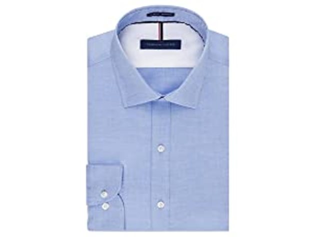 Tommy Hilfiger Men's Athletic Fit Performance Stretch Th Flex Collar Dress Shirt  Blue Size 36-37