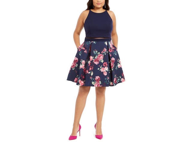 B Darlin Women's Trendy Plus Size Illusion Floral-Print Fit & Flare Dress Blue Size 18