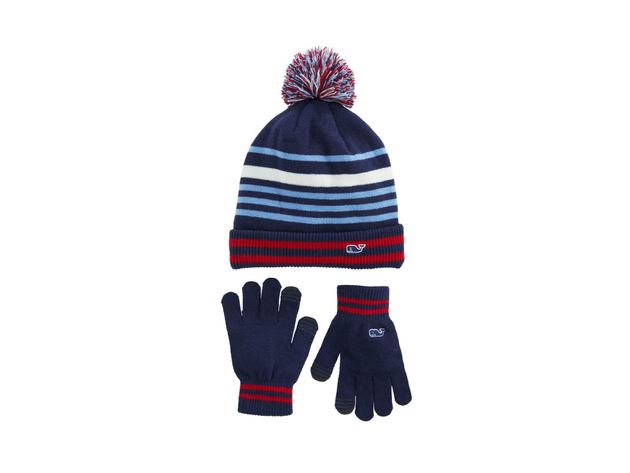 VINEYARD VINES Retro Stripe Pompom Chunky Knit Beanie and Gloves Set, One Size, Deep Bay