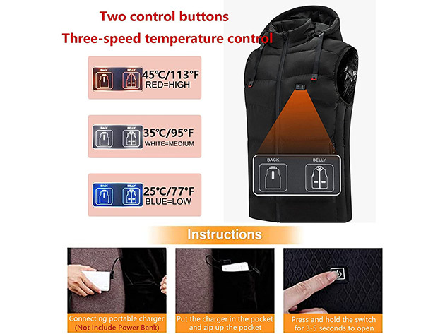 Be Warm Heated Vest with Hoodie - Requires Power Bank, Not Included (Black/Large)