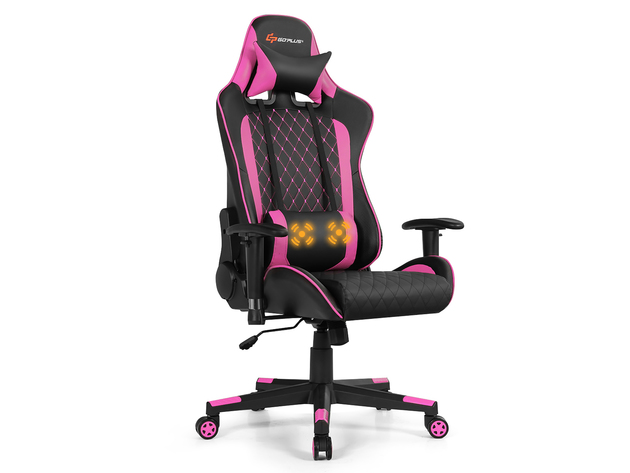 Goplus Massage Gaming Chair Reclining Racing Chair w/Lumbar Support and Headrest White - Pink