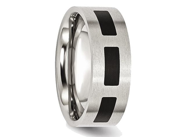 Mens 8mm Stainless Steel Comfort Fit Wedding Band with Black Accent - 13