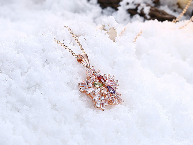 Rainbow Snowflake Necklace with Baguette Cut Swarovski Crystals (Rose Gold)