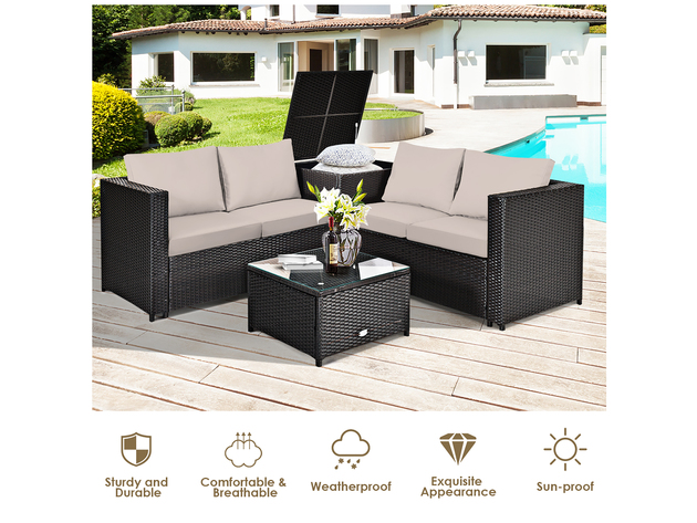 Costway 4 Piece Outdoor Patio Rattan Furniture Set Cushioned Loveseat Storage Table - Brown
