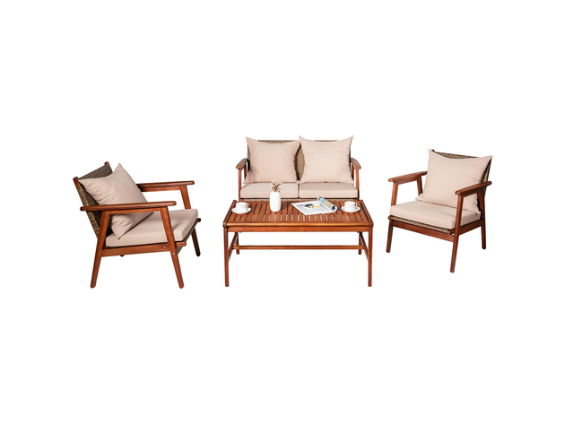 Costway 4 Piece Patio Rattan Furniture Set Acacia Wood Frame Cushioned Sofa Chair Garden Coffee