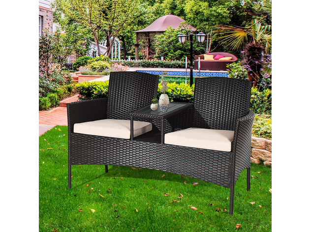 Costway Patio Rattan Conversation Set Loveseat Sofa Cushioned Coffee Table Mix Brown 