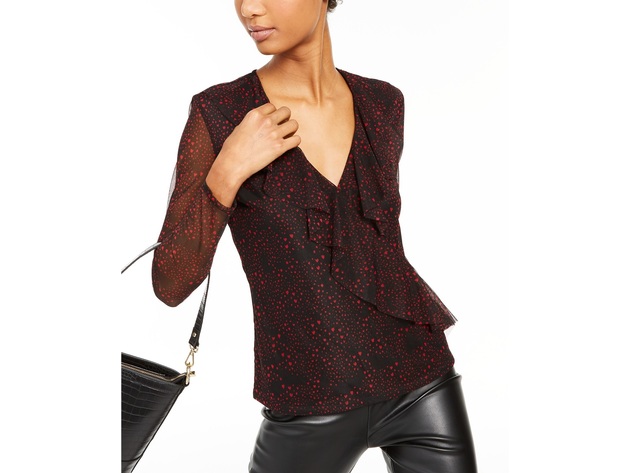INC International Concepts Women's Ruffled Surplice Printed Top  Black Size Extra Small