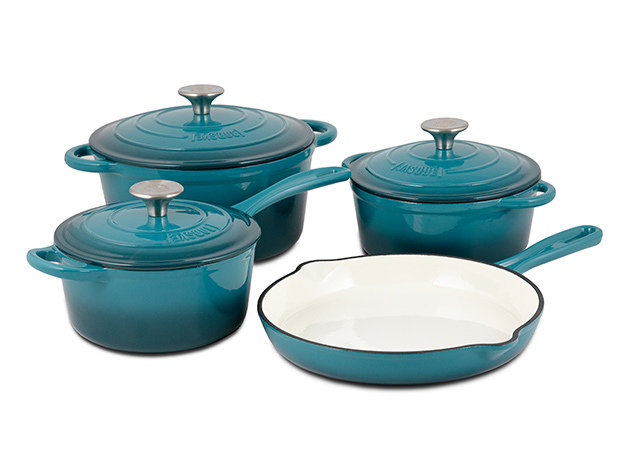 Basque Enameled Cast Iron Cookware Set, 7-Piece Set (Biscay Blue