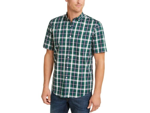 Club Room Men's Plaid Short-Sleeve Shirt Green Size Medium