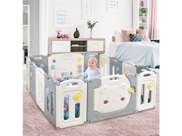 Costway 14-Panel Foldable Baby Playpen Kids Safety Yard Activity Center w/ Storage Bag - White + Gray