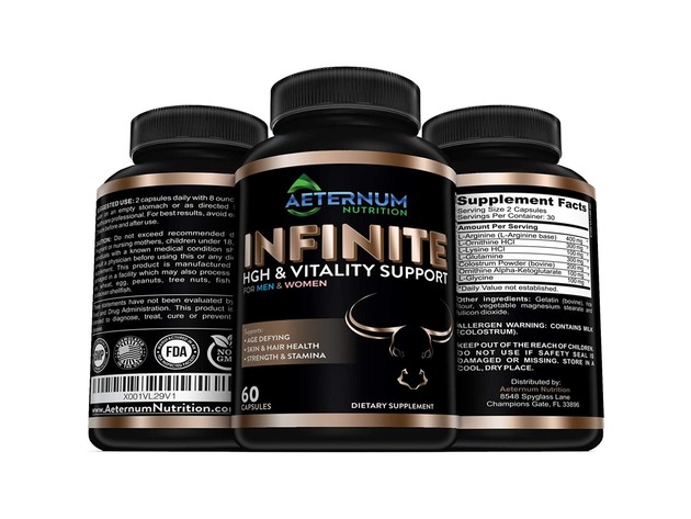 Aeternum Nutrition Infinite High & Vitality Support - Includes Argnine and Glutamine - Supports Strength, Stamina, Skin and Hair Health, Muscle Growth, 60 Capsules Dietary Supplement