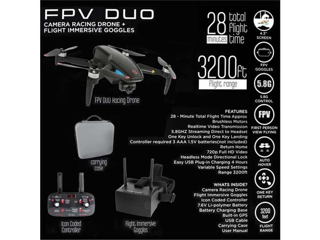 Vivitar FPV DUO Drone Camera Racing Drone + Flight Immersive Goggles, DRCLS16-NOC, 3200ft Range (Certified Refurbished)