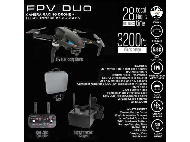 Vivitar FPV Duo Racing Drone with Goggles and GPS, Black