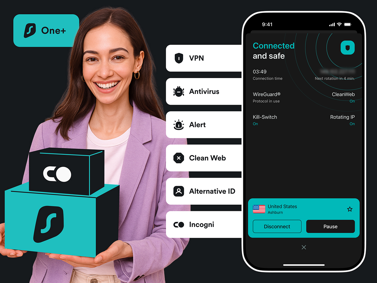 Surfshark One+ Plan with Incogni: 1-Year VPN, Antivirus & Personal Data Removal