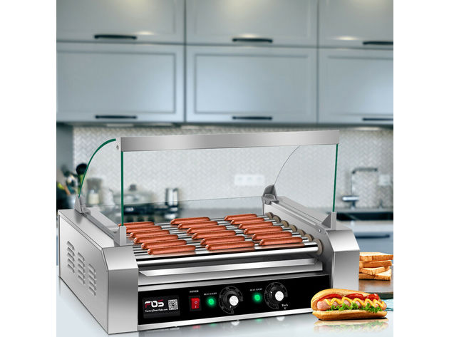 Costway Commercial 18/30 Hot Dog Hotdog 7/11 Roller Grill Cooker Machine w/ Cover (7 Roller Grill) - Silver