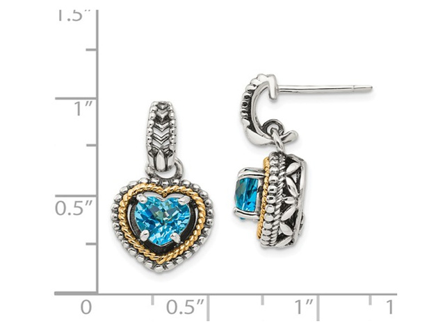 2.00 Carat (ctw) Blue Topaz Heart Earrings in Sterling Silver with 14K Gold Accent