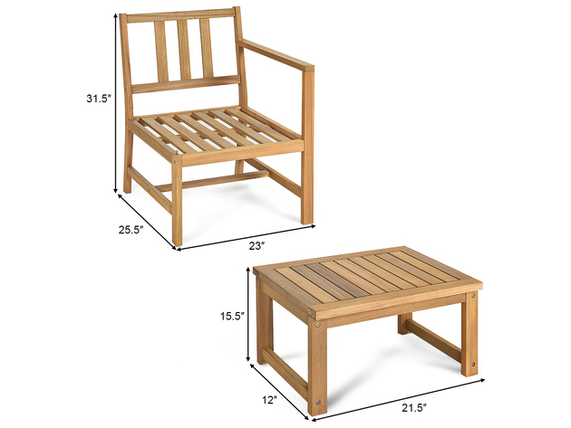 Costway 3 in 1  Patio Table Chairs Set Solid Wood Garden Furniture - Natural Teak