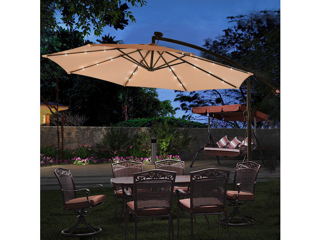 Costway 10' Hanging Solar LED Umbrella Patio Sun Shade Offset Market W/Base Beige