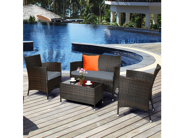 Costway 8 Piece Rattan Patio Furniture Set Cushioned Sofa Chair Coffee Table - Grey