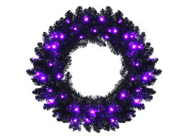Costway 24inch Pre-lit Christmas Halloween Wreath Black w/ 35 Purple LED Lights - Black
