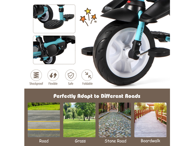 Costway 6-In-1 Kids Baby Stroller Tricycle Detachable Learning Toy Bike w/ Canopy Pink\Blue\Gray - Blue