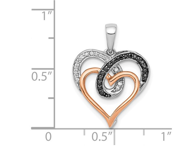 1/10 Carat (ctw) Black and White  Diamond Double Heart Pendant Necklace in 14K White & Rose Gold with Chain