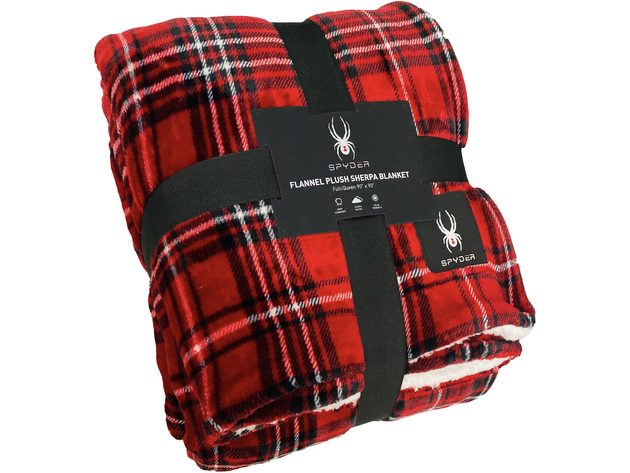 Spyder Sherpa Lined Flannel Ultra Plush Bed Blanket Interwoven Strength - King 90"x102" Red+Black