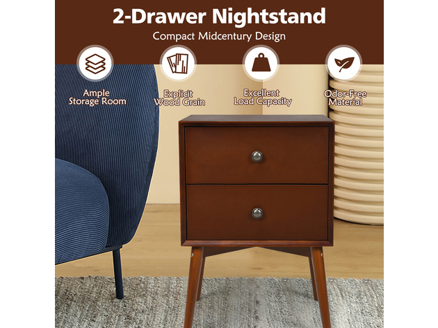 Costway Nightstand Mid-Century End Side Table 2 Drawers Rubber Wood Legs Living Room - Brown