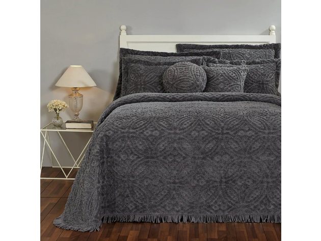 Better Trends Double Wedding Ring Cotton Chenille Bedspread, Queen (110 Inch x 102 Inch), Grey