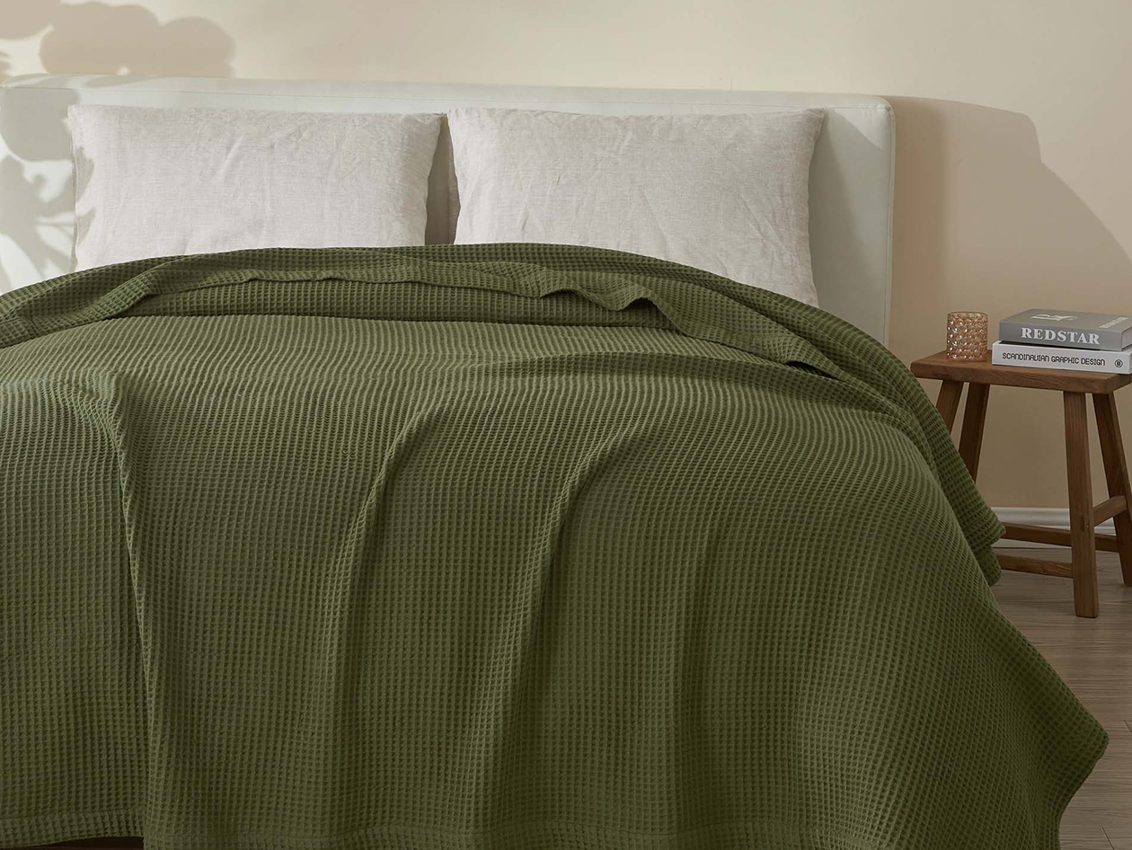 Vintage Cotton Waffle Blanket (King/Olive)