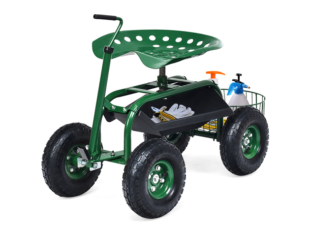 Costway Garden Cart Rolling Work Seat for Planting w/Extendable Handle - Green