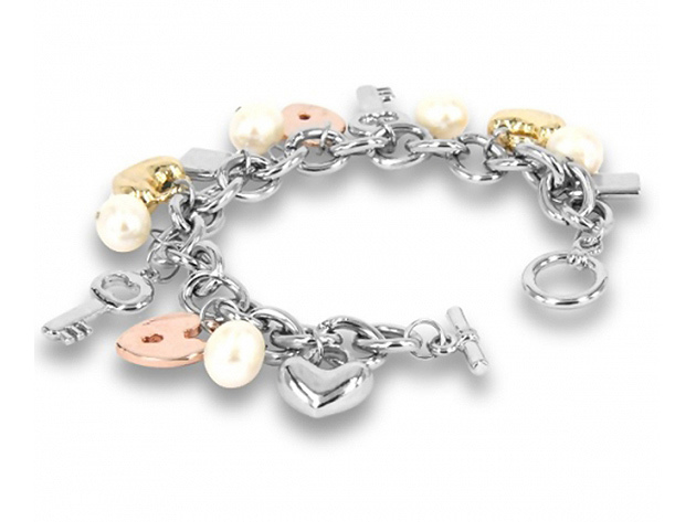 Rose Atoll Collection Baroque Pearl Charm Bracelet (White/Gold Tone)