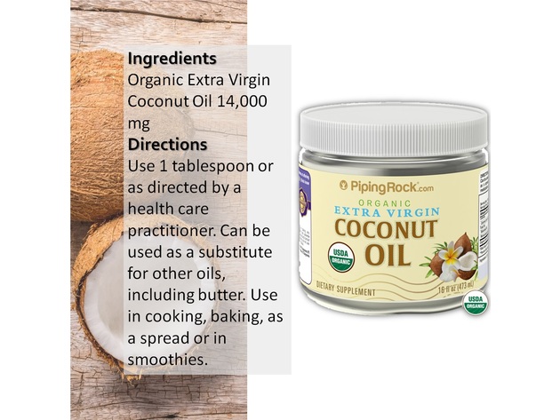 Piping Rock Organic Extra Virgin Coconut Oil 16 Fl Oz (473 mL) Dietary Supplement