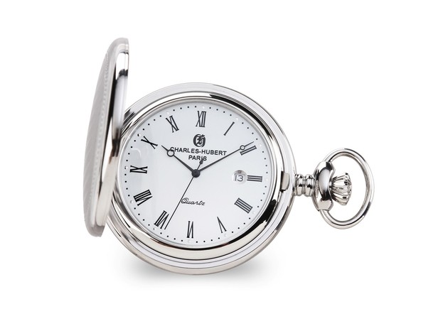 Charles Hubert Stainless Striped Case w/Engraving Area Pocket Watch