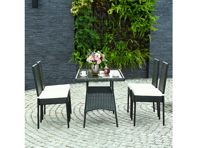 Costway 5 Piece Patio Rattan Dining Set  Table w/Glass Top Garden Furniture - Black