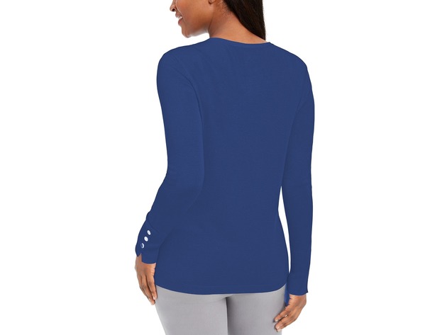 JM Collection Women's Button-Sleeve Crew-Neck Sweater Blue Size Large