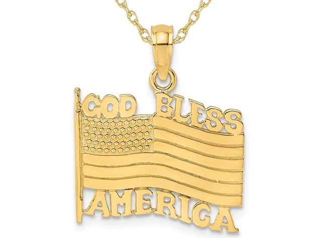 14K Yellow Gold God Bless America Flag Pendant Necklace with Chain